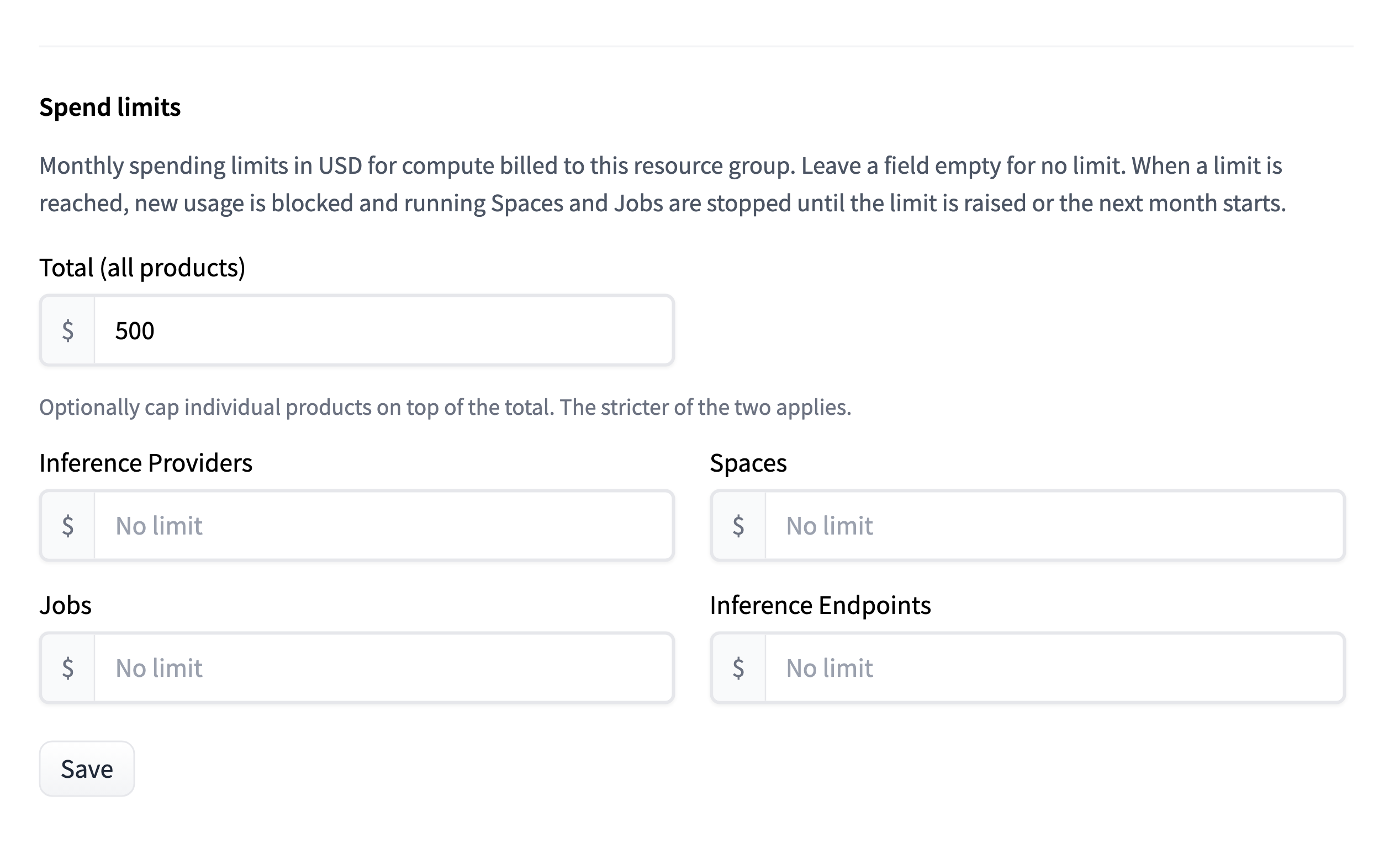 The Spend limits settings