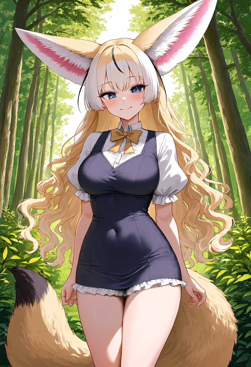 Nanosaur2 sample: fennec girl with long blonde wavy hair in a sunlit forest